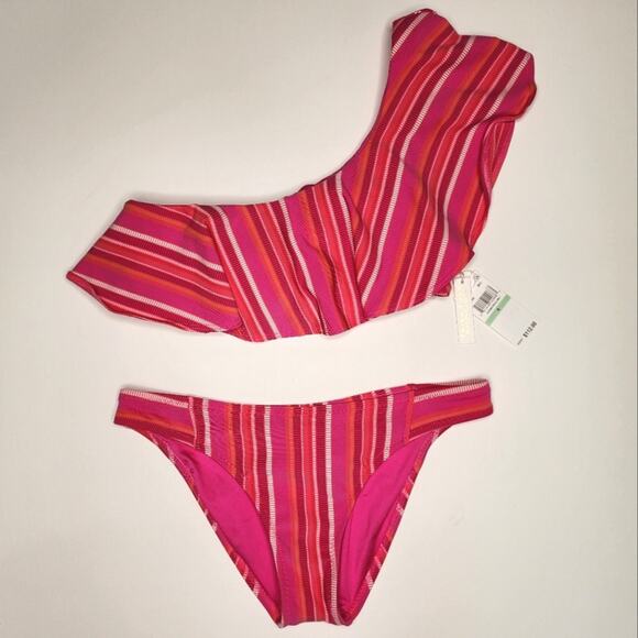 Trina Turk Marai Pink Striped One Shoulder Bikini Set Size 8 NWT - Picture 1 of 7